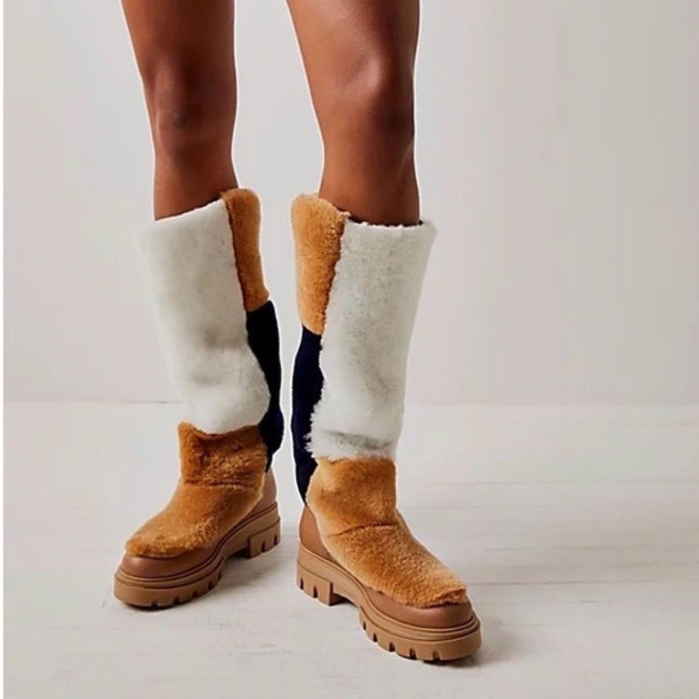 Free People Happy Thoughts Shearling Real Fur Patchwork Knee High Boots Tan 6.5